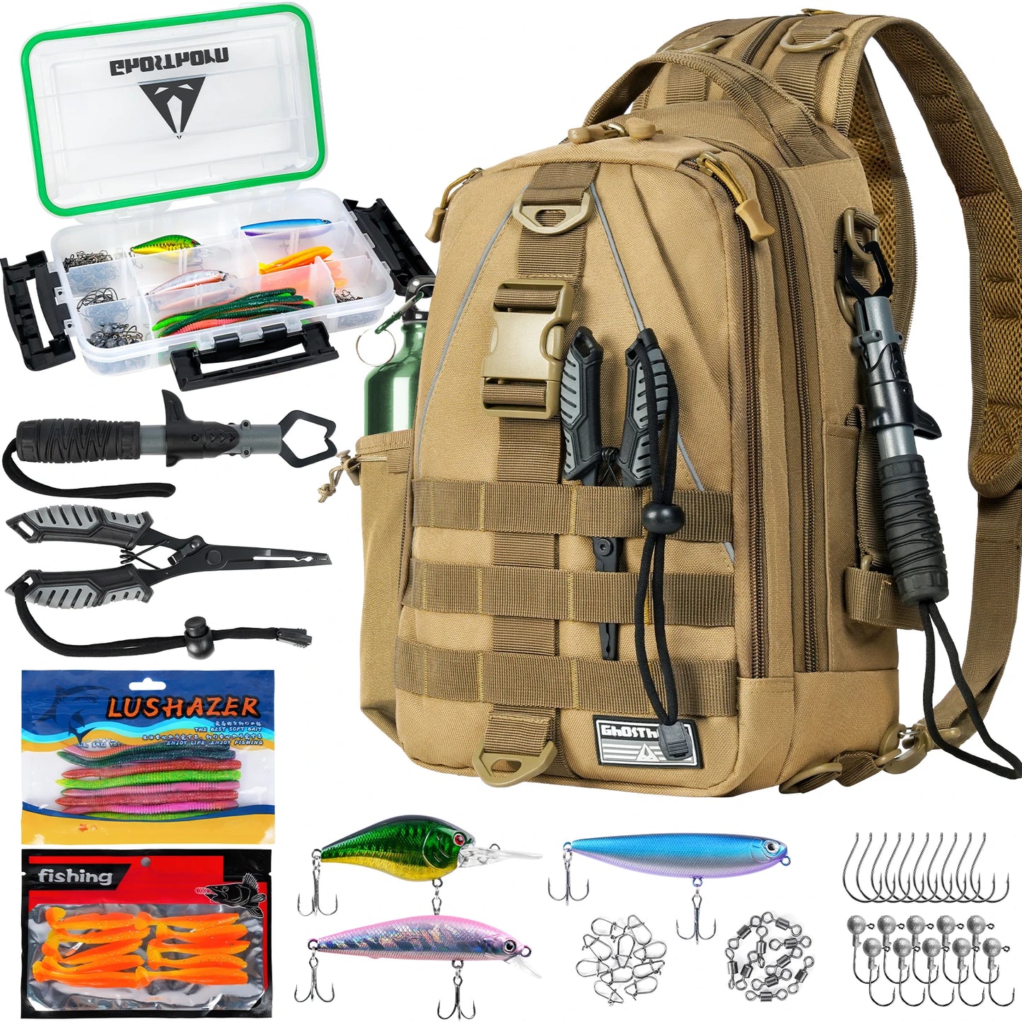 Fishing Gear Kit with Backpack - Tackle Storage Box, Baits, Hooks, Fish Control Tool & Pliers for Anglers