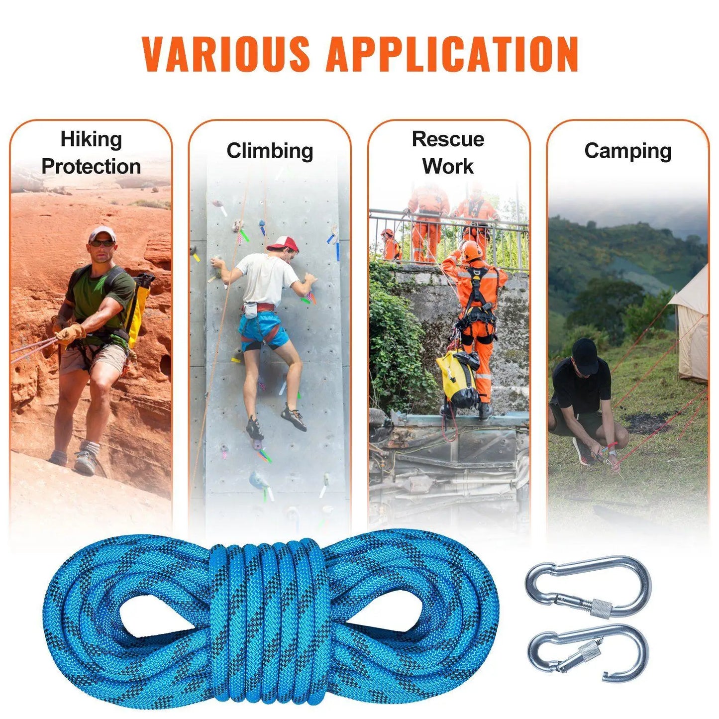 32ft 10mm Ultra Strong Static Climbing Rope 26KN Resistance 4% Stretch Protection Rope with 2 Clips and Bag