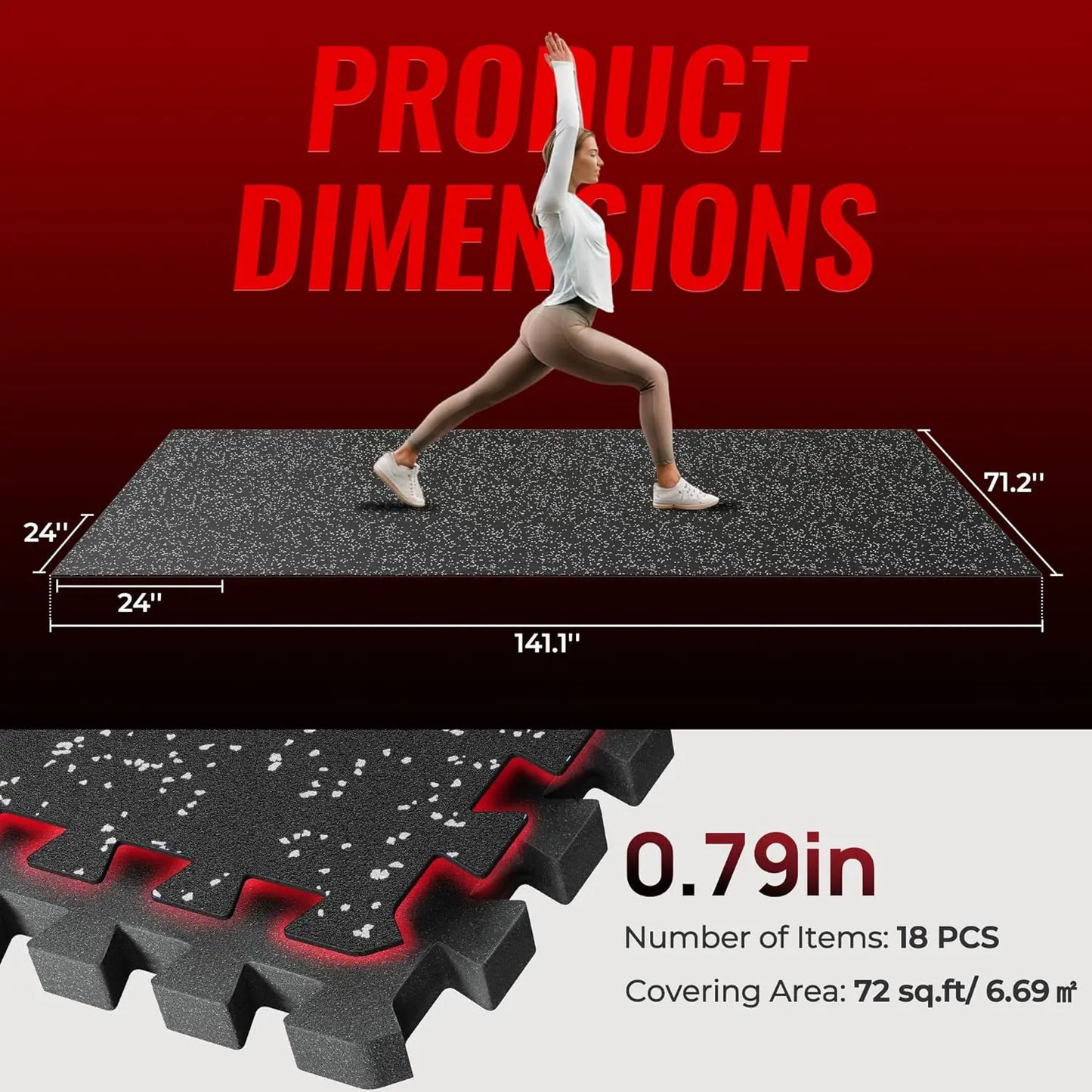 Extra-Thick 0.79'' Interlocking Gym Floor Tiles, 18 Pcs EVA Foam Rubber Top Mats for Home Workout, Black/Grey