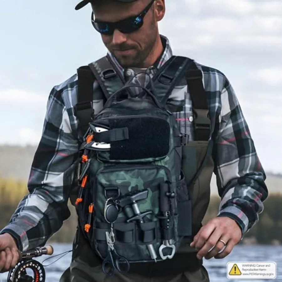 Fishing Backpack with Rod Holder for Men Women Water-Resistant Black Camo Fishing Tool Kit with Lures Tackle Box and Pl