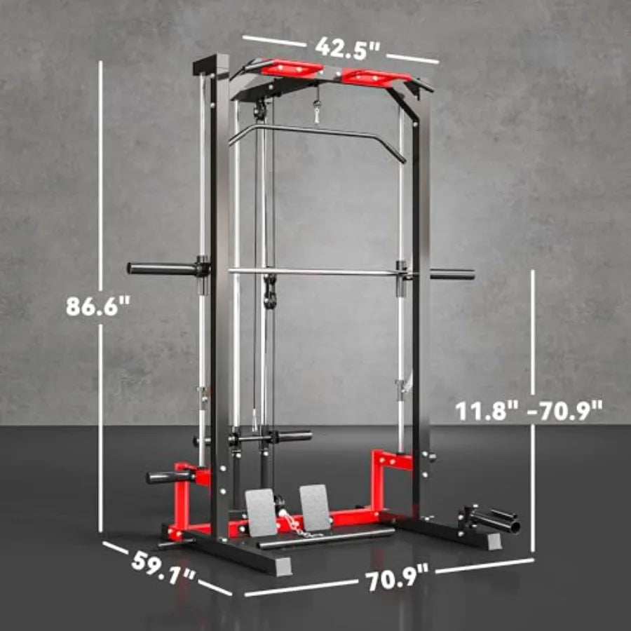 Power Cage Smith Machine Multi-Function Power Rack with Pull Up Bar LAT Pull Down System and Squat Rack Barbell Bar Plate Stora