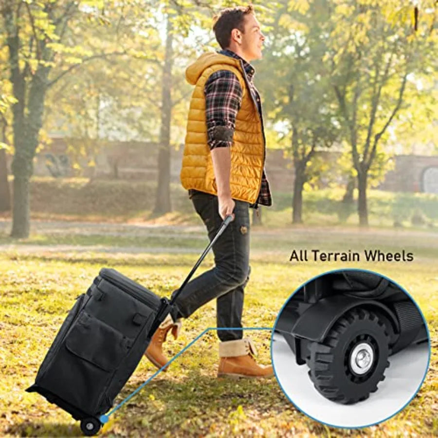 Rolling Tackle Box with Cooler Large Fishing Bag with Wheels for 5 Trays Saltwater Resistant Tackle Backpack with Rod Ho