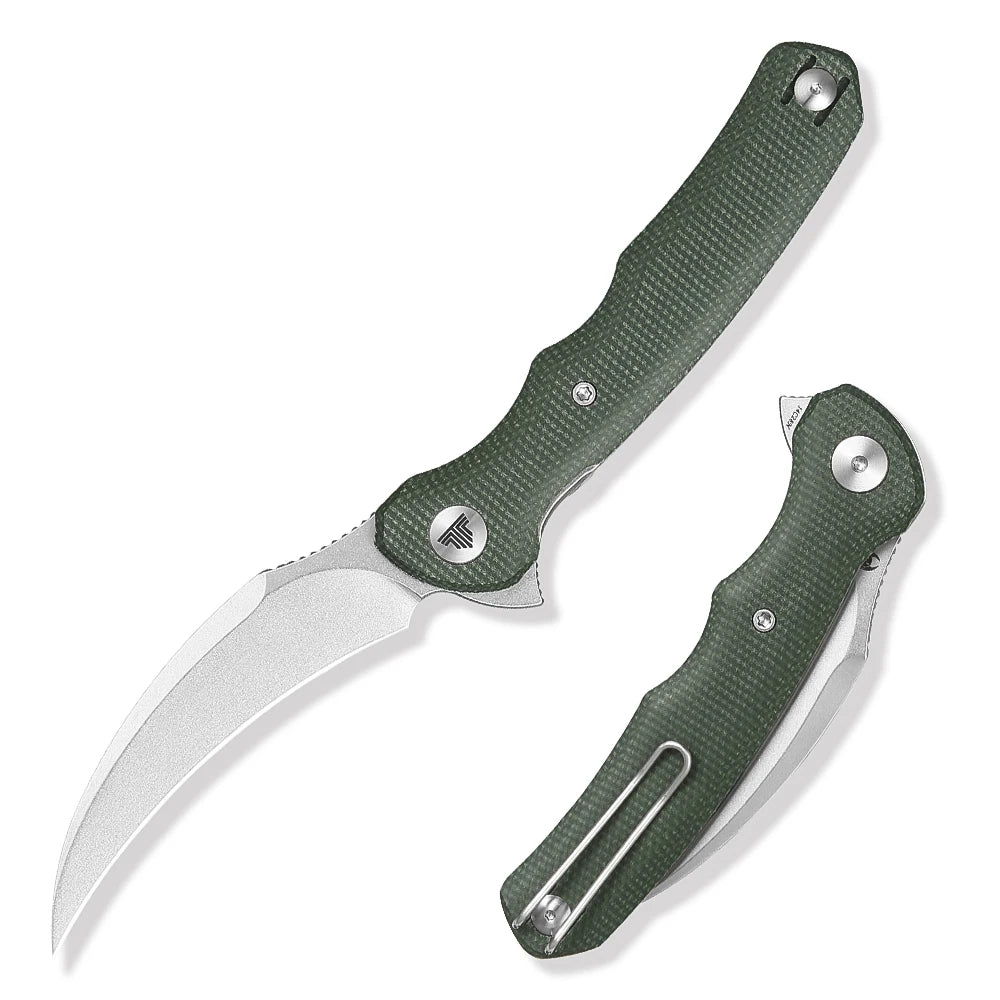 TRIVISA EDC Pocket Folding Knife for Men ,Pikal Flipper Knife with Clip,3.34" 14C28N Steel Hawkbill Blade & Micarta Handle