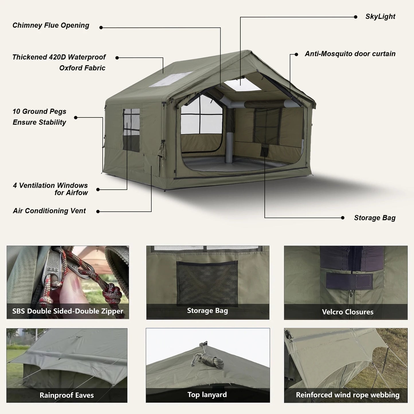 12'x10' Inflatable Tent House with Rainfly/Canopy for 4-6 Person,4 Season Blow up Tent with Tarp Waterproof Easy Setup Air Tent