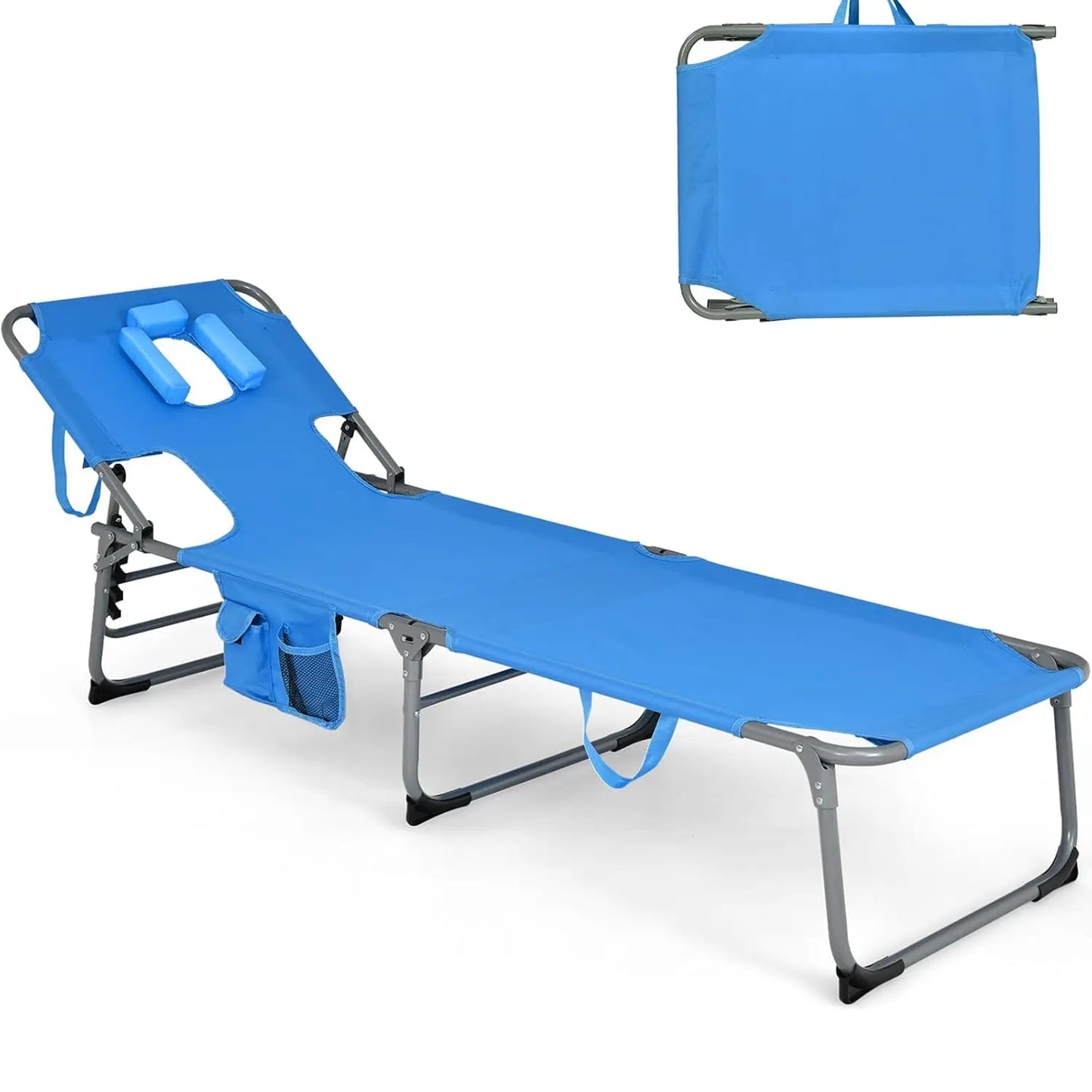 Tanning Chair, Folding Adjustable Patio Lounge Chair with Face Hole, Removable Pillow, Carry Strap, Customized