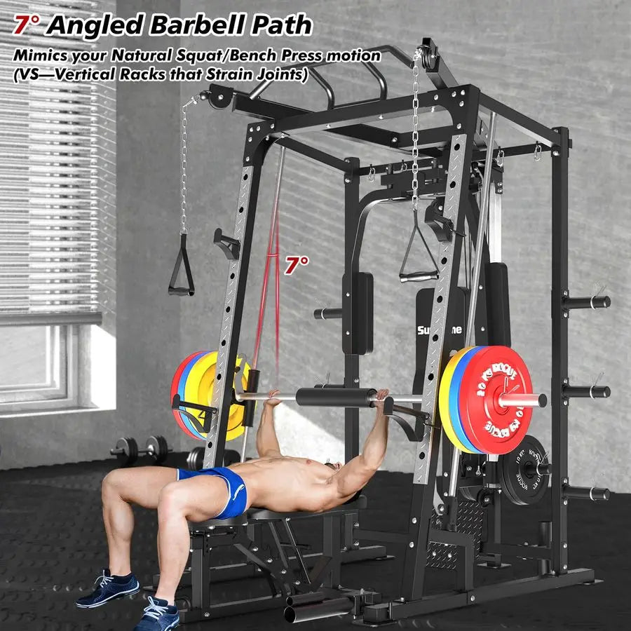Smith Machine, Power Cage Squat Rack with Smith Bar, LAT PullDown Systems, Cable Crossover Machine and Cable Attachment for Hom