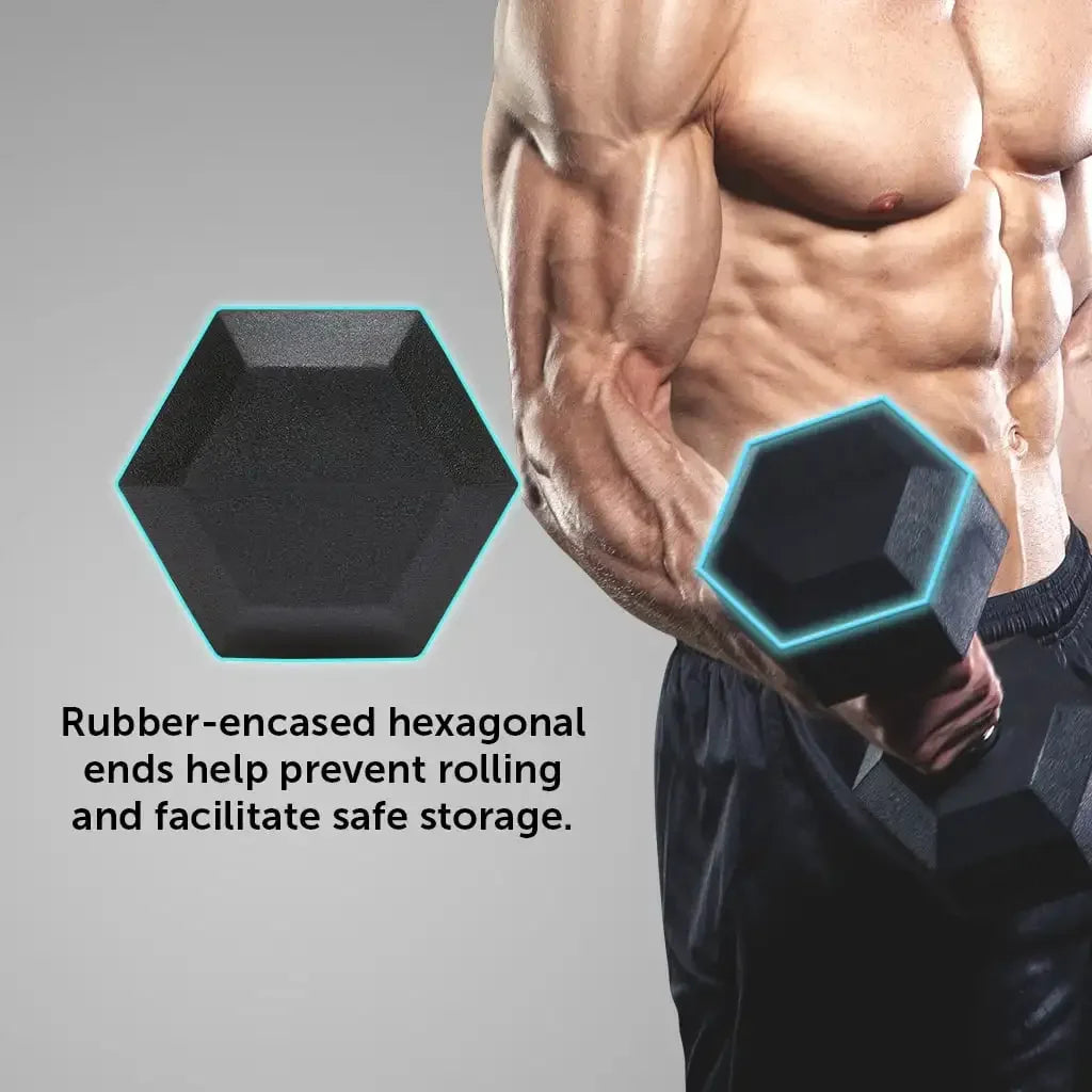 8 lb Rubber Hex Dumbbells, Pair,Handles: Chrome-plated steel handles for a comfortable grip.