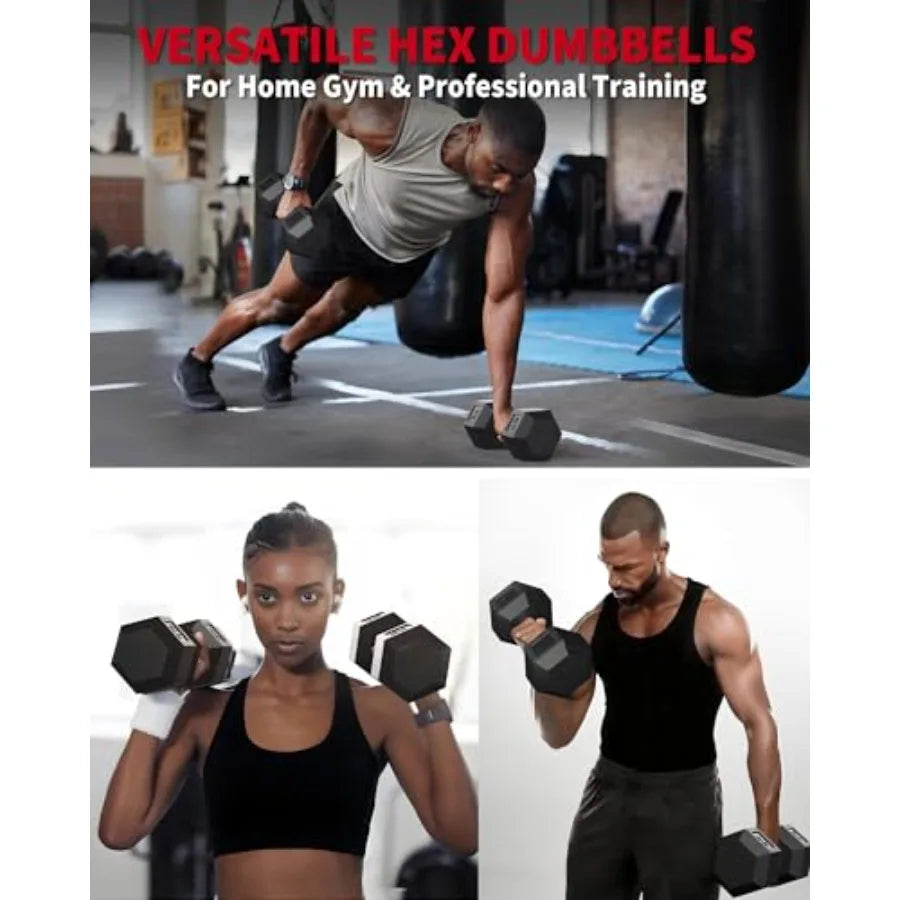 5-50 LB Hex Dumbbell Set of 2 Hand Weights with Cast Iron Core Rubber Encased Coating and Textured Carbon Steel Handle for Home