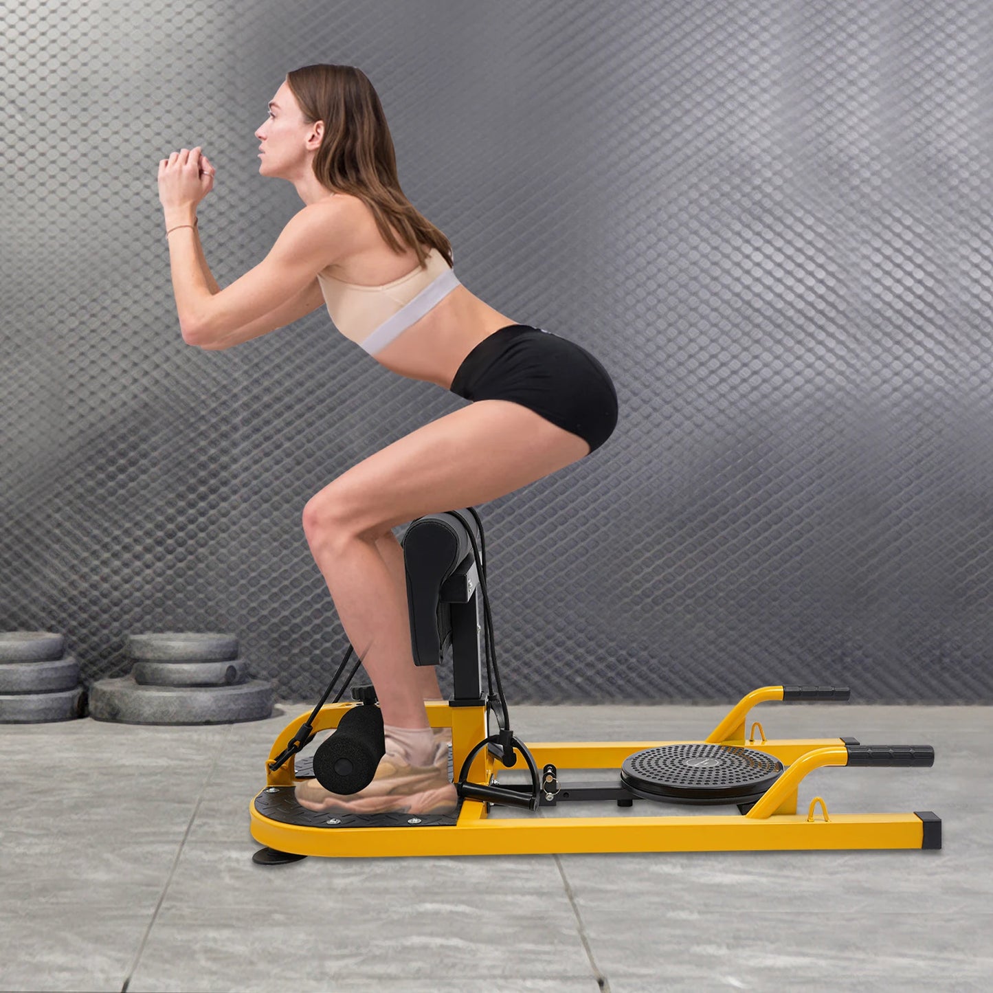 Steel Deep Squat Machine,Yellow Black Ajustable Deep Squat Machine Floor Standing 94*44cm for Train Abs,Thighs,Glutes