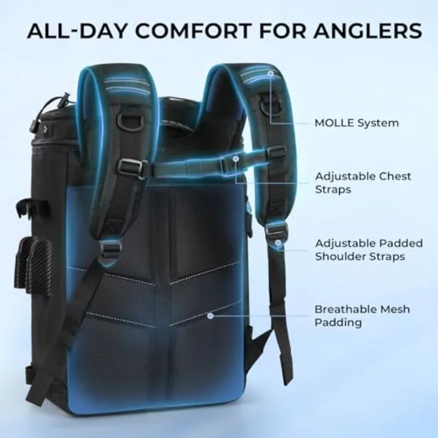 GearMaster Tackle Backpack with Bait Binder Large Lightweight Water-Resistant Fishing Bag Rod Holders Food Storage in Black Dur