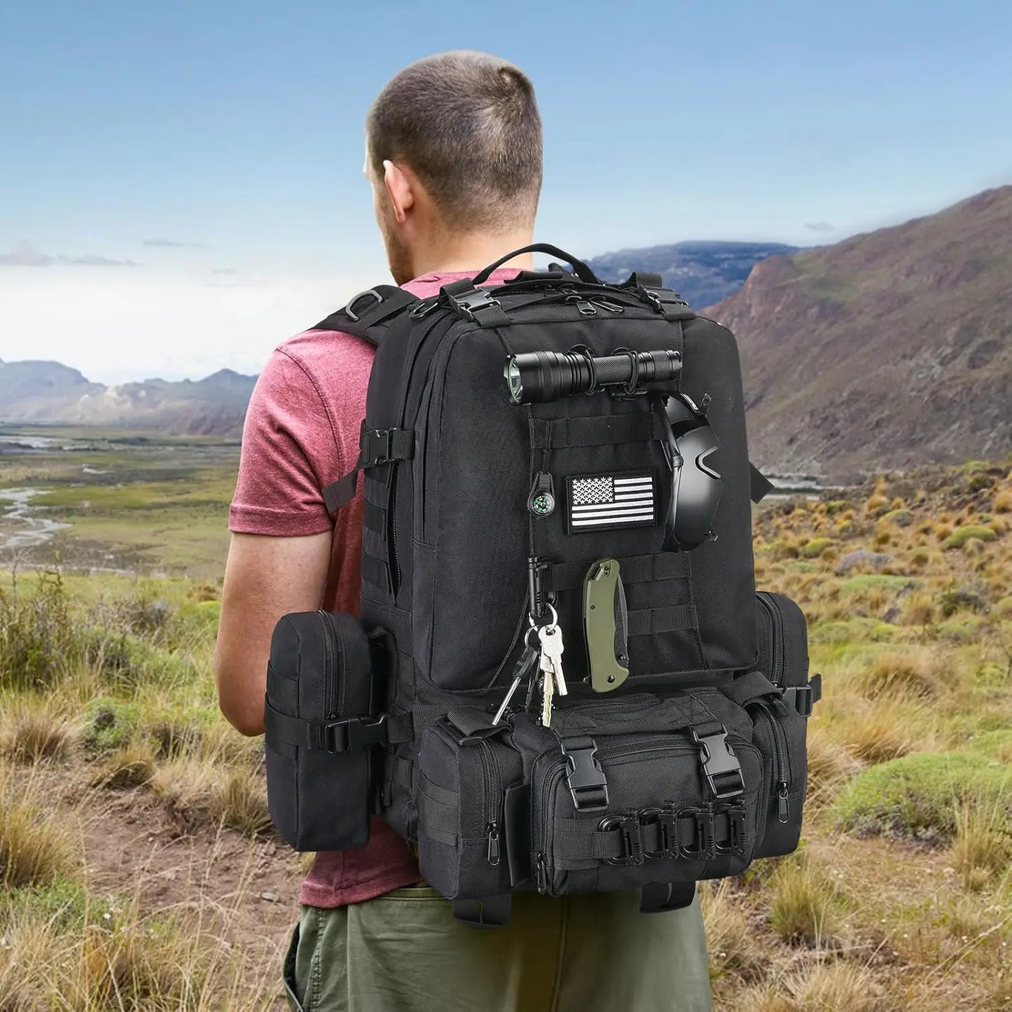 60L Tactical Backpack Men Women Military Rucksack with D-Ring Molle, Compass, 3-Day Bug Out Survival Hiking Camping Daypack, Bla