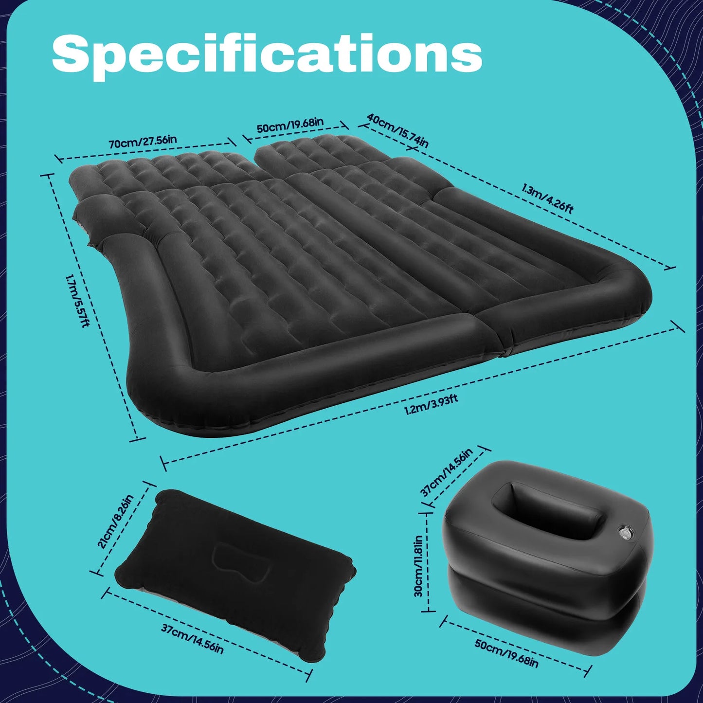 Heavy Duty Car Air Mattress 551LBS Load Flocking PVC Foldable with Pump Headrests Storage Bag for Camping Travel Home