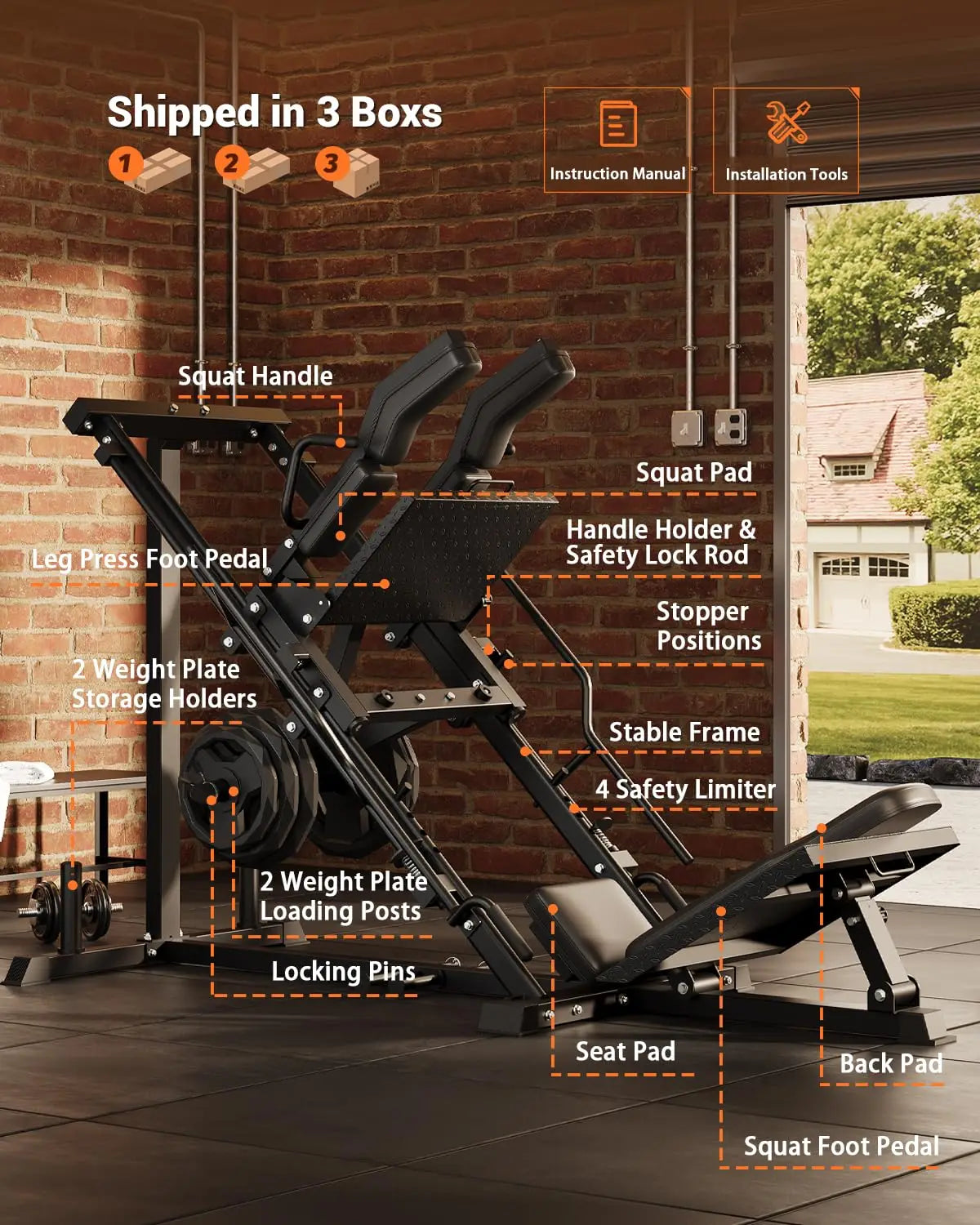 3 In 1 Leg Press Machine, Professional Hack Squat Machine With Weight Storage Post For Home, Fit 1" & 2" Weight Plates