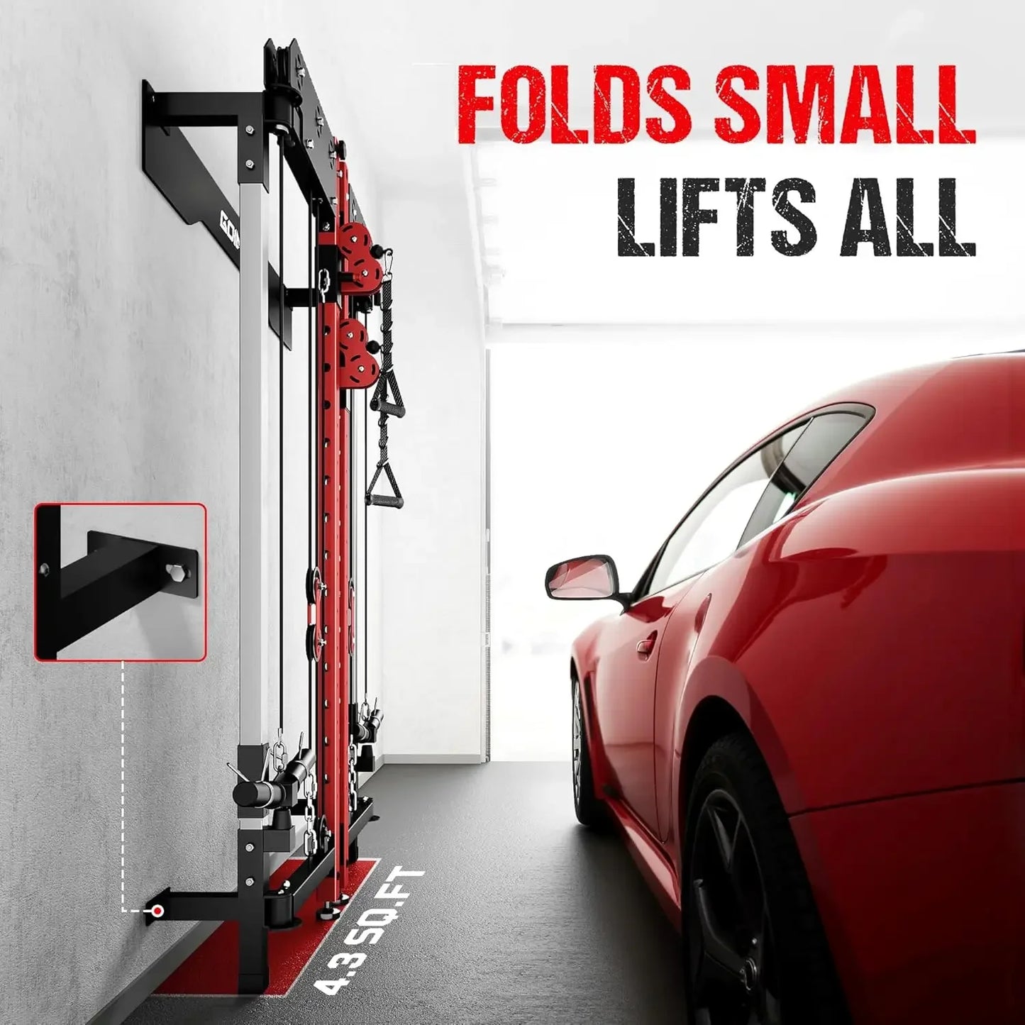 WM3-V4 Folding Squat Rack, Wall Mounted Power Rack with Dual Independent Pulley System, Functional Trainer with 5