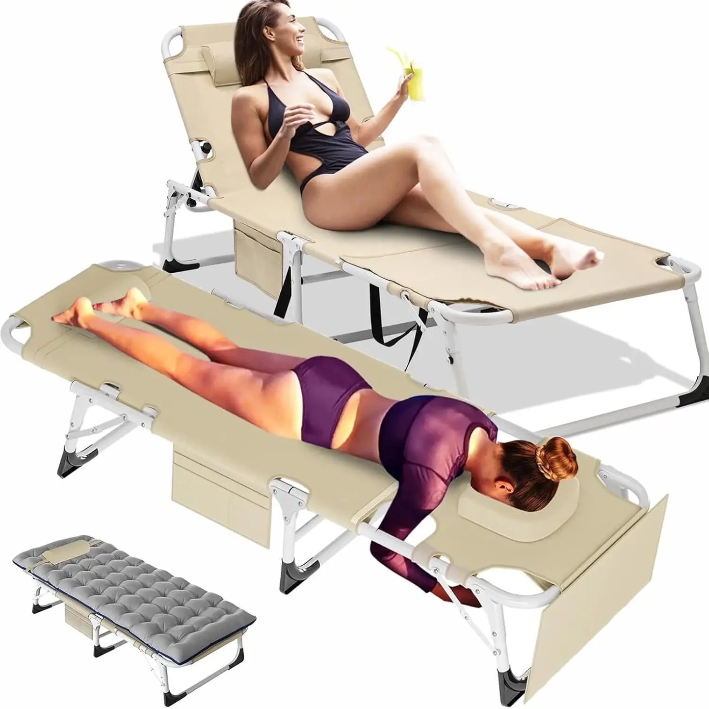 Heavy Duty Tanning Chair Folding Beach Lounger with Face Arm Hole, 5-Position Adjustable Patio Chaise Lounge, Customized