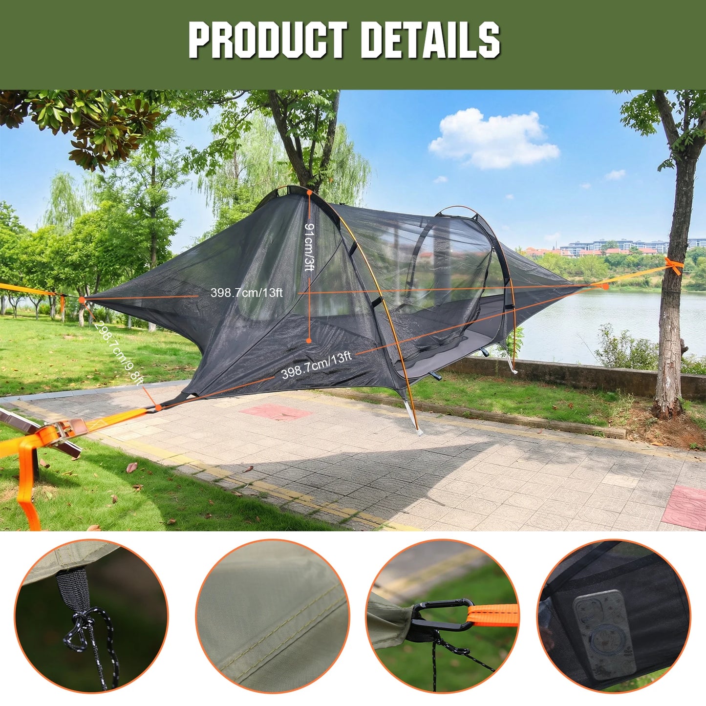Waterproof Tactical Tent w/ Mosquito Net & RainFly Lay Flat Hammock 660 LBS Load Capacity 3 Hang Point Camping Sunshade Awning