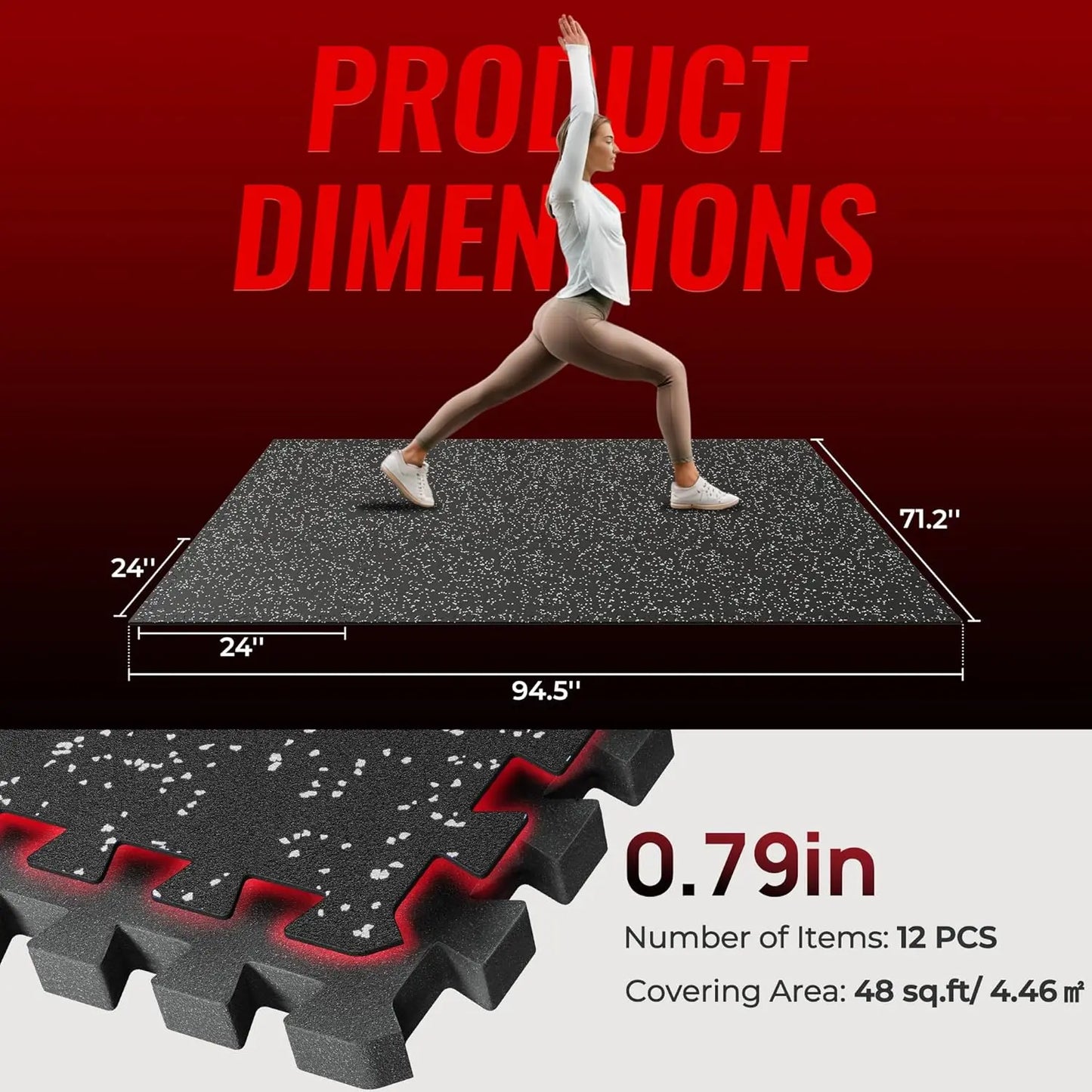 0.79'' Thick Interlocking Gym Floor Mats, 12 Pcs 48 Sq Ft High-Density EVA Foam with Rubber Top for Home Workout, Black/Grey