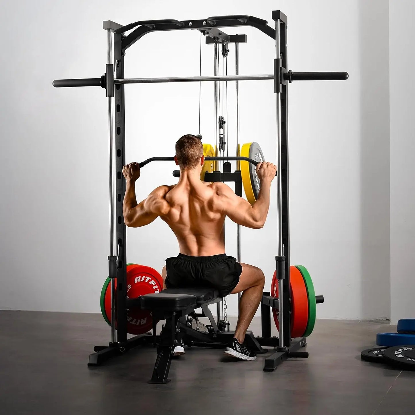Smith Machine Power Rack with LAT-Pull Down System, Landmine, Barbell Bar, Plate Storage Pegs and More Training, Customized