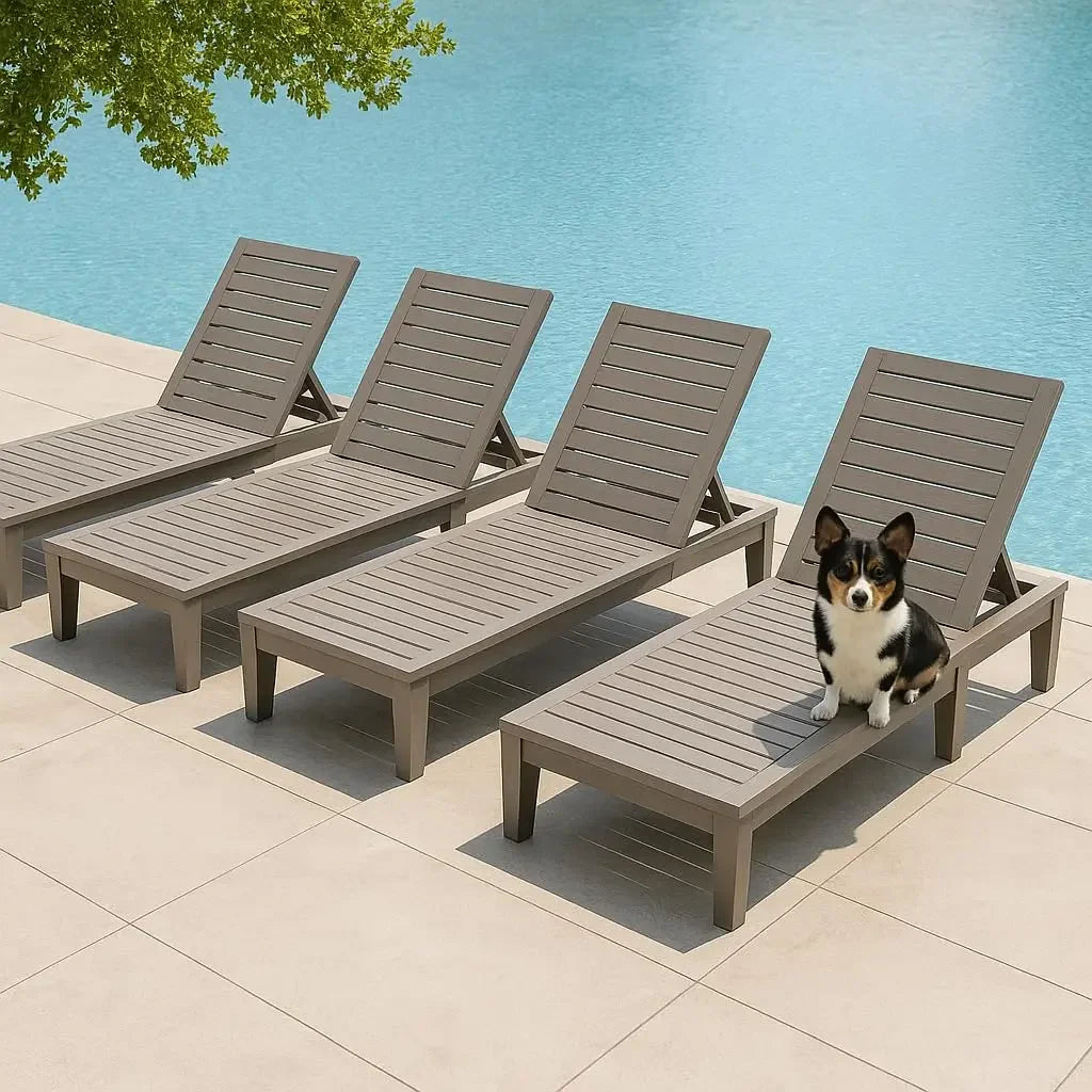 Set of 4 Outdoor Chaise Lounge Chairs 5-Position Adjustable Tanning Chair Wood Texture All-Weather Patio Lounger, Customized