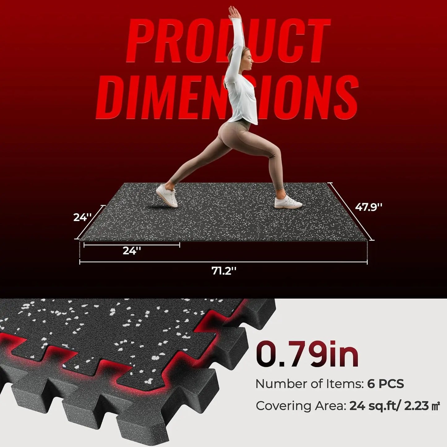 Extra-Thick 0.79'' Interlocking Gym Floor Mats, 6-Piece Set, High-Density EVA Foam with Rubber Top, Black/Grey
