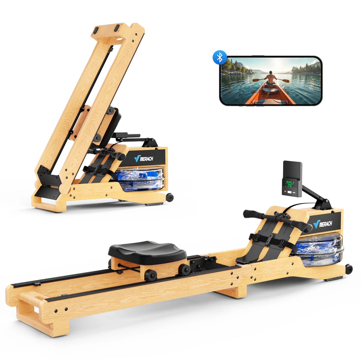 MERACH Water Rowing Machines for Home Oak Wood Rower with 12 Enhanced Resistance Blades Upgraded Handle Adjustable Footpad & App