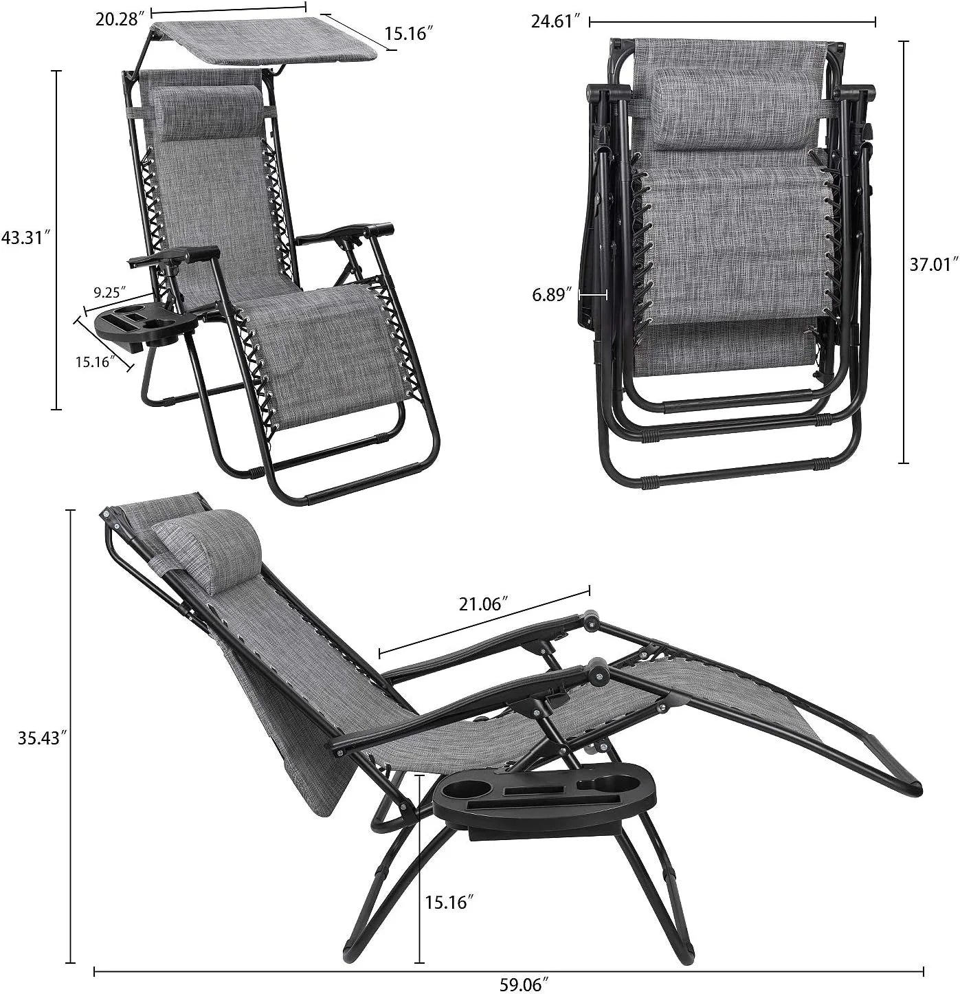 Zero Gravity Chair with Canopy Outdoor Lounge Chair Folding Patio Recliners Adjustable Lawn Lounge Chair with Pillow fo