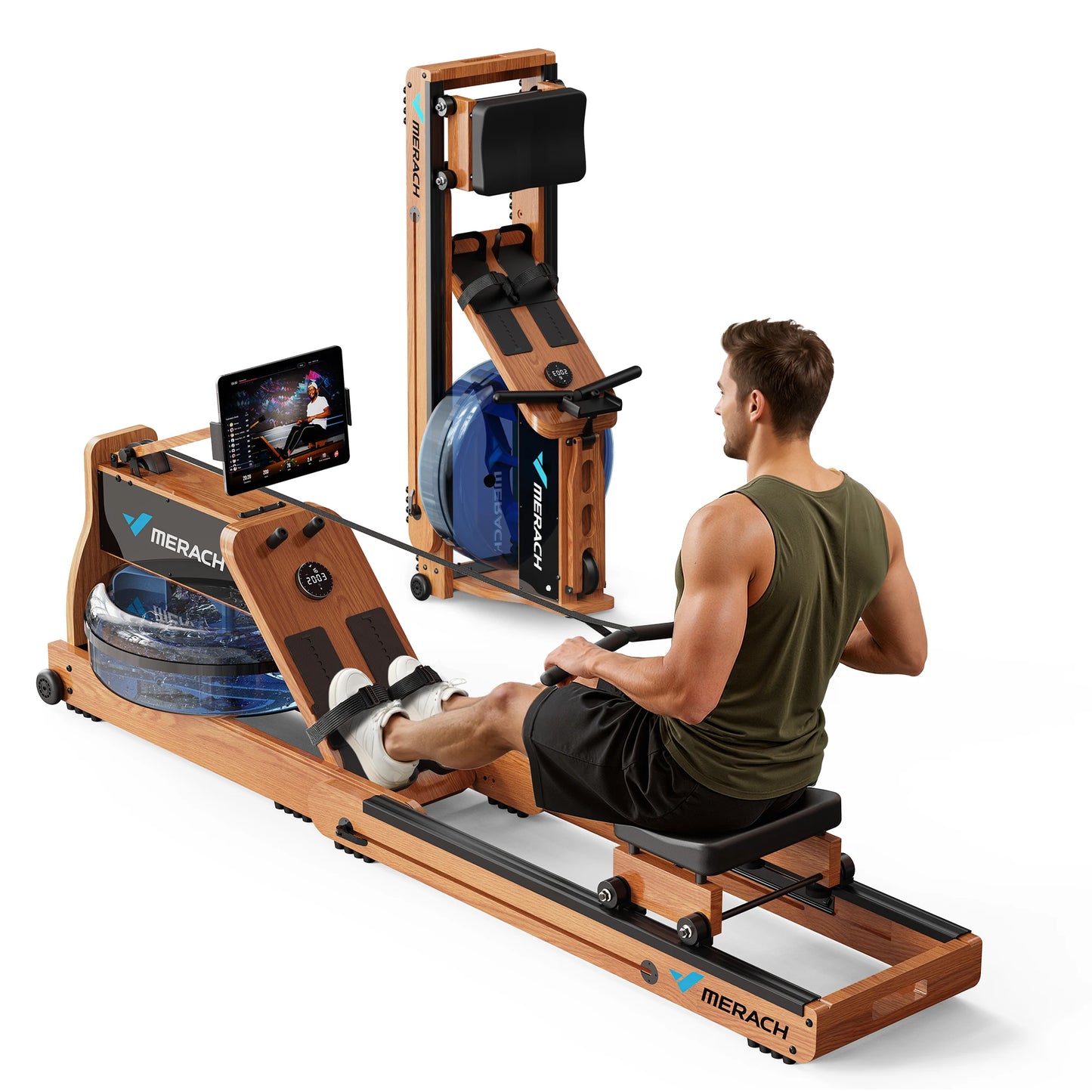 MERACH Rowing Machine Foldable Wooden Water Electromagnetic Rower Machine Exclusive App Lifetime Membership MERACH Go Technology