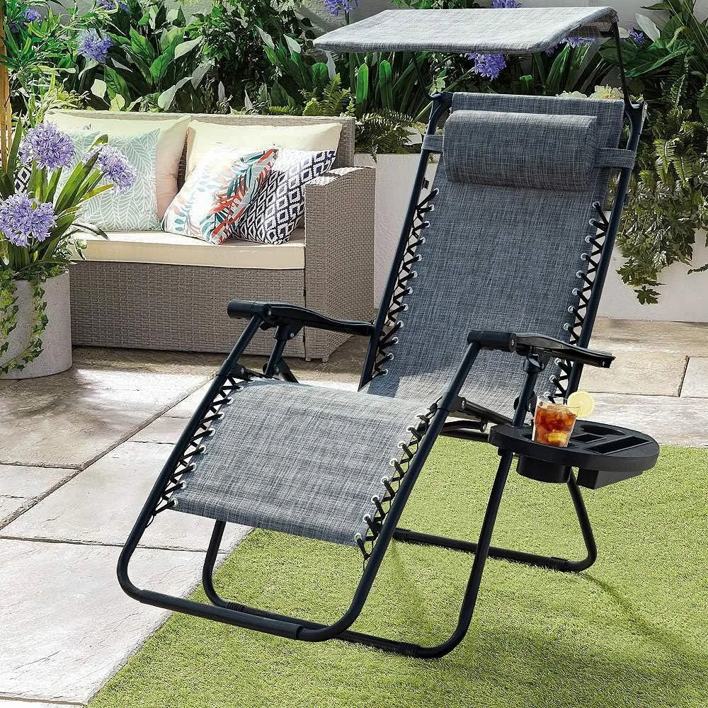 Zero Gravity Chair with Canopy Outdoor Lounge Chair Folding Patio Recliners Adjustable Lawn Lounge Chair with Pillow fo