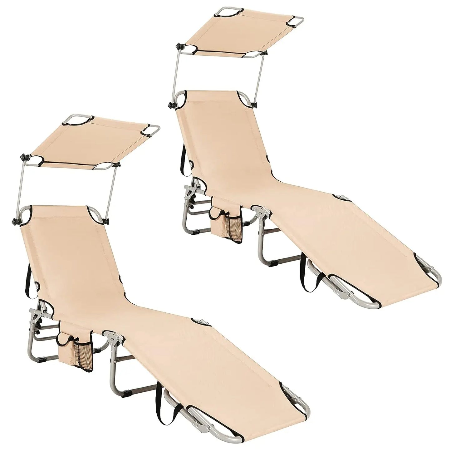 Lounge Chair Outdoor with Canopy, 330LBS Portable Tanning Chair with Adjustable Backrest, Carry Straps & Side, Customized