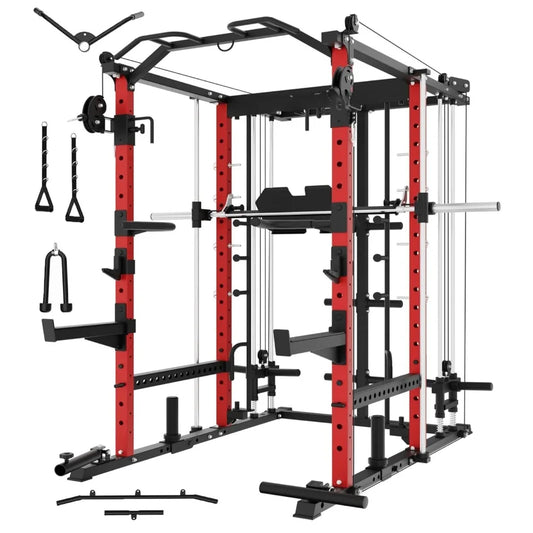 Eonfit E5 Smith Machine with Vertical Leg Press, Power Cage Squat Rack with LAT-Pull Down Cable Crossover Rotating, Customized