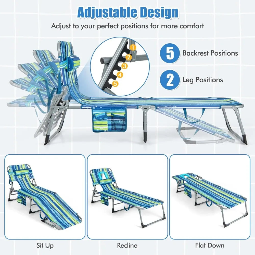 Tanning Chair, Folding Adjustable Patio Lounge Chair with Face Hole, Removable Pillow, Carry Strap, Customized