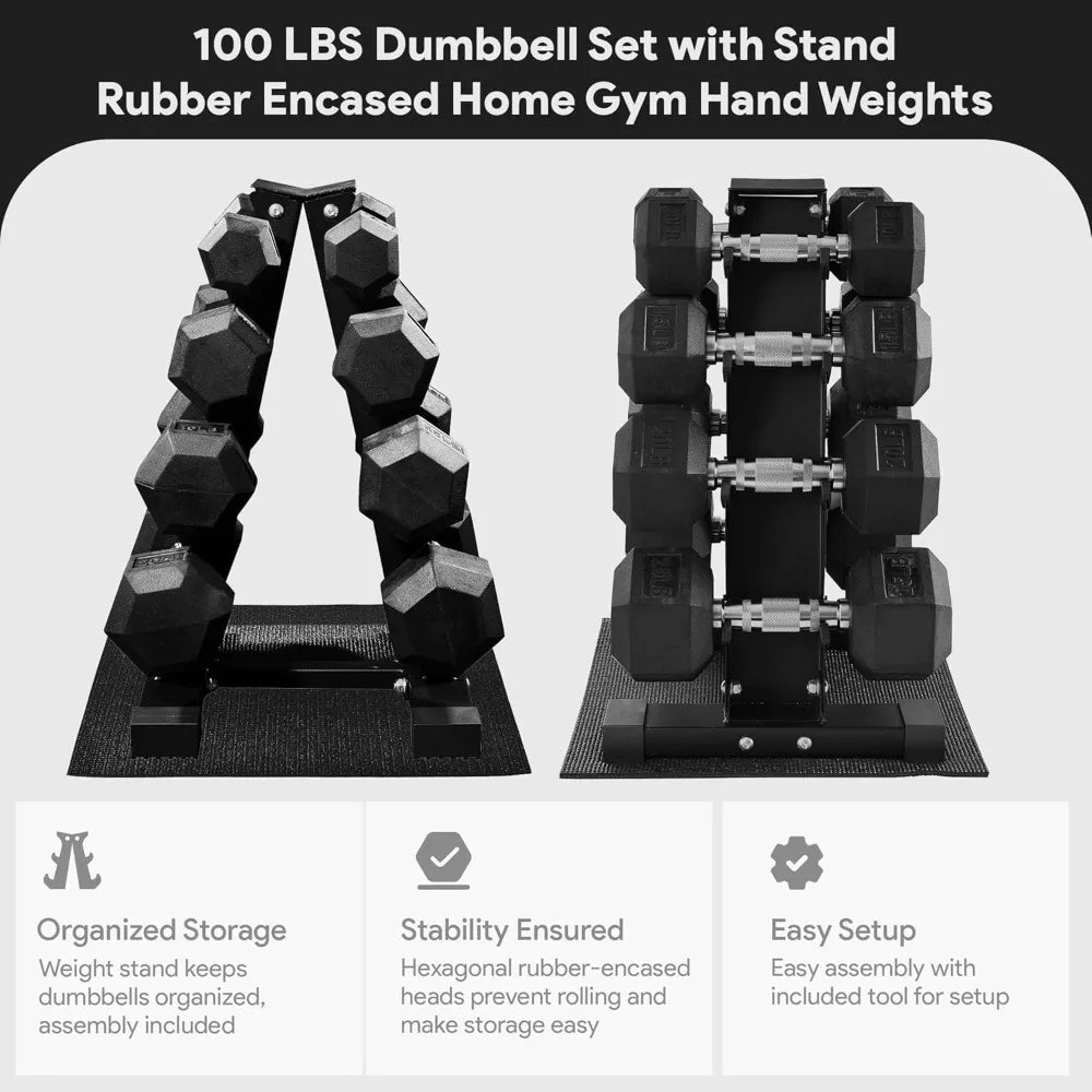 BalanceFrom Rubber Coated Hex Dumbbell Weight Set with Storage Rack, 100LB or 150LB or 200LB Set