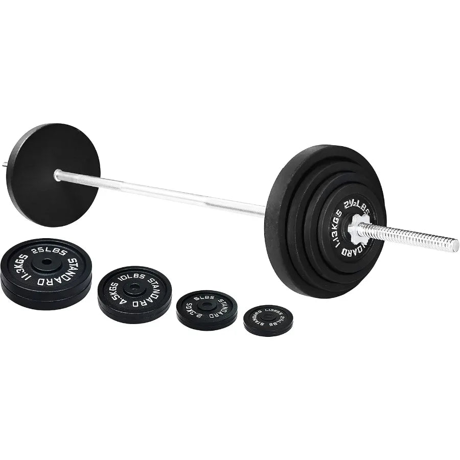 Cast Iron Standard Weight Plates Including 5FT Standard Barbell with Star Locks, 95-Pound Set (85 Pounds Plates + 10 Pounds Barb