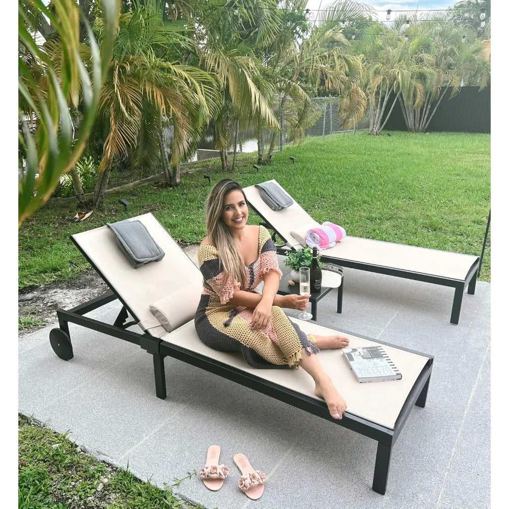 Patio Tanning Lounge Chair Set with Face Down Hole Outdoor Aluminum Adjustable Reclining Chairs Wheels Pillows and, Customized