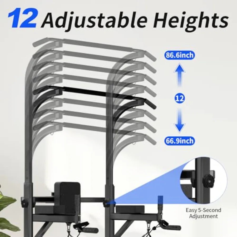 Adjustable Pull Up Bar Power Tower Dip Station for Home Gym Workout Multi-Function Strength Training Equipment in Black Steel w