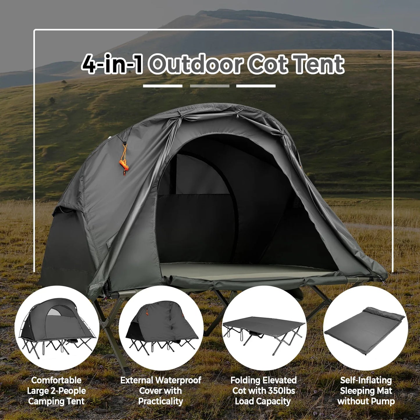 Outdoor 2-Person Camping Tent Cot Compact Elevated Tent Set W/ External Cover
