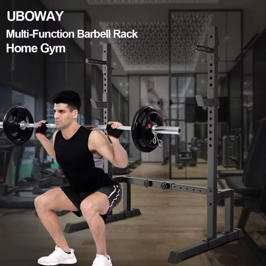 Uboway Adjustable Barbell Rack Squat Stand with Bench Press Function for Home Gym Fitness 550LBS Max Load Steel Frame Black