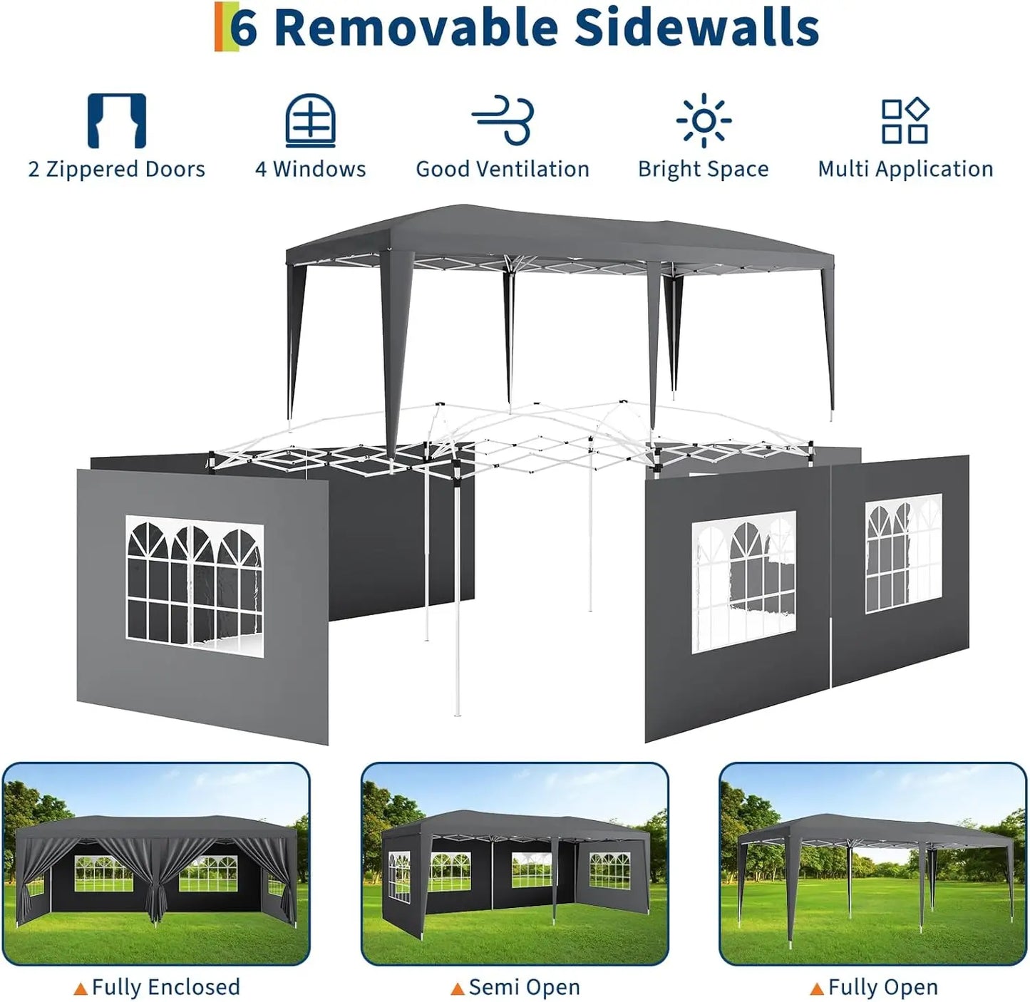 10x20 Heavy Duty Pop Up Canopy Tent with 6 Removable Sidewalls Easy Up Commercial Canopy Tents for Large Outdoor Parties