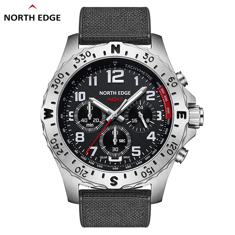 NORTH EDGE 2025 MACH 2 Men's Watches Solar Power 316 stainless steel Case Quartz Watch For Men Pilot Waterproof 50M Stopwatch