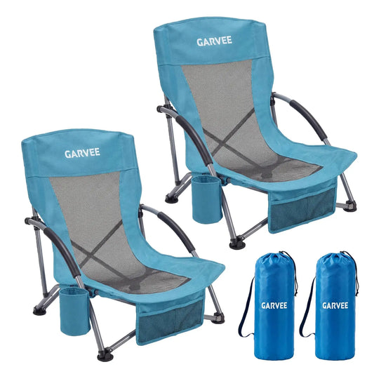 2 Pack Low Beach Chairs Folding Portable Camping Chair Heavy Duty Wide Seat With Cup Holder Carry Bag For Outdoor Sand Travel