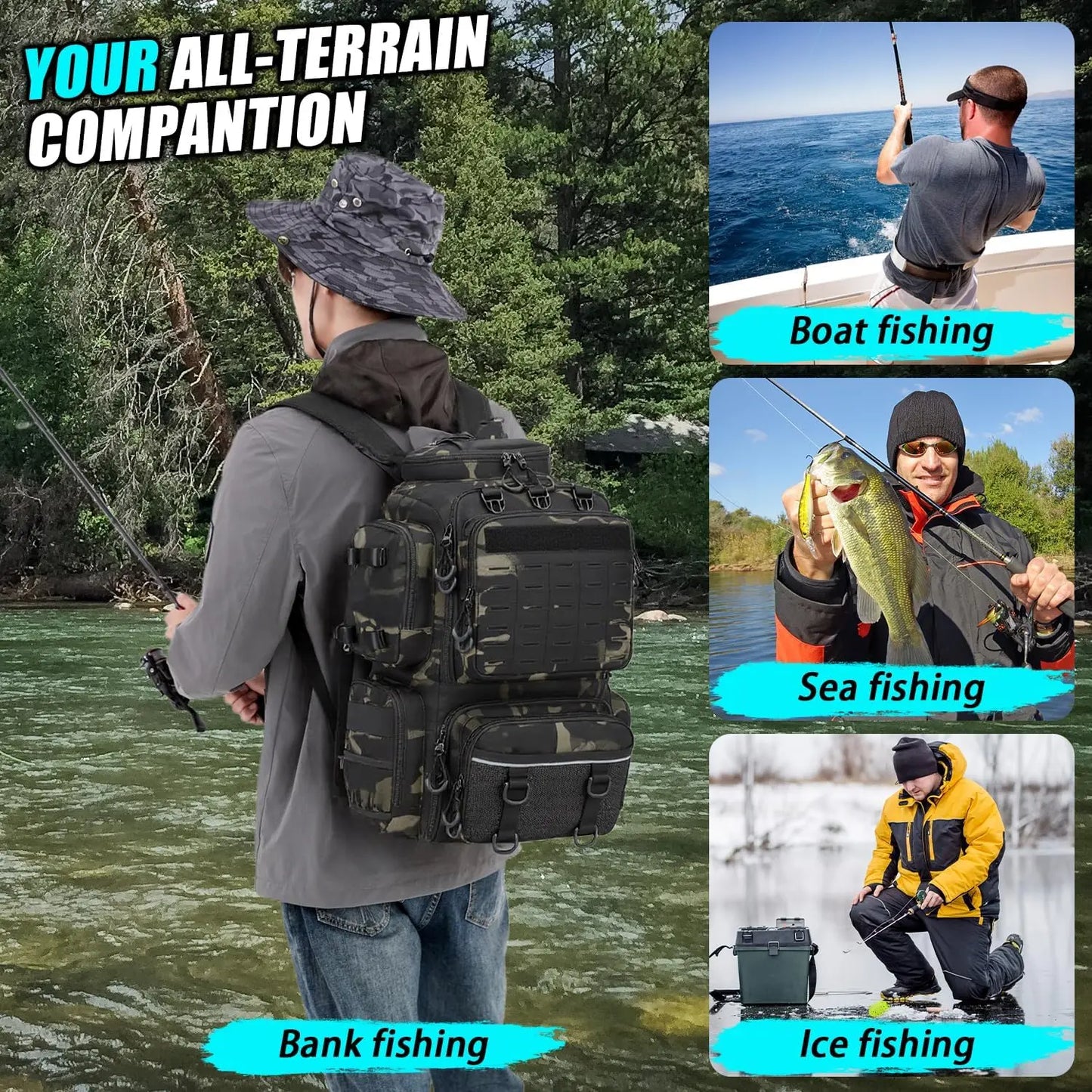 Large Insulated Fishing Backpack with Tackle Boxes, Rod Holders, Cooler - 50L Tactical Gear for Outdoor Adventures