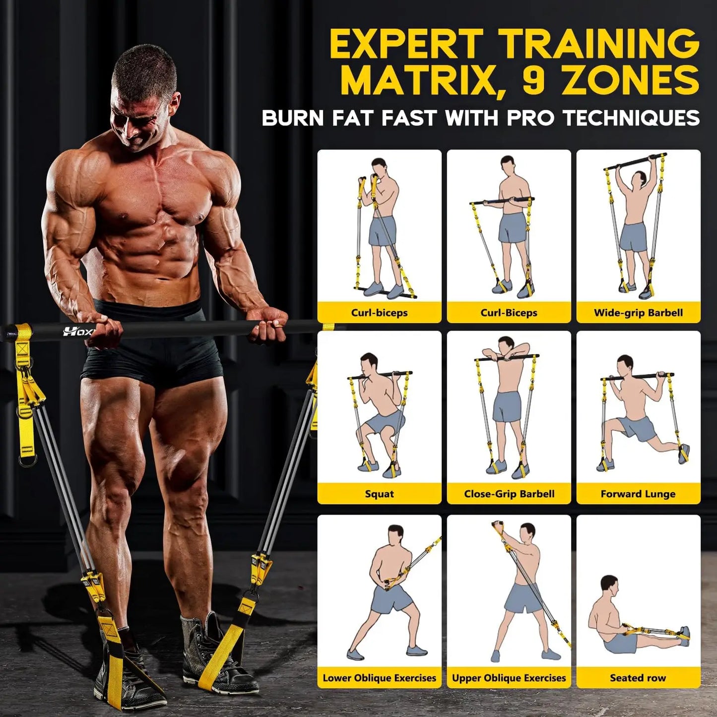 Portable Pilates Bar Kit with Adjustable Resistance Bands for Full Body Home Gym Strength Training
