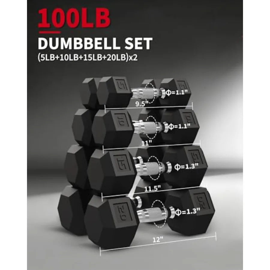 5-50 LB Hex Dumbbell Set of 2 Hand Weights with Cast Iron Core Rubber Encased Coating and Textured Carbon Steel Handle for Home