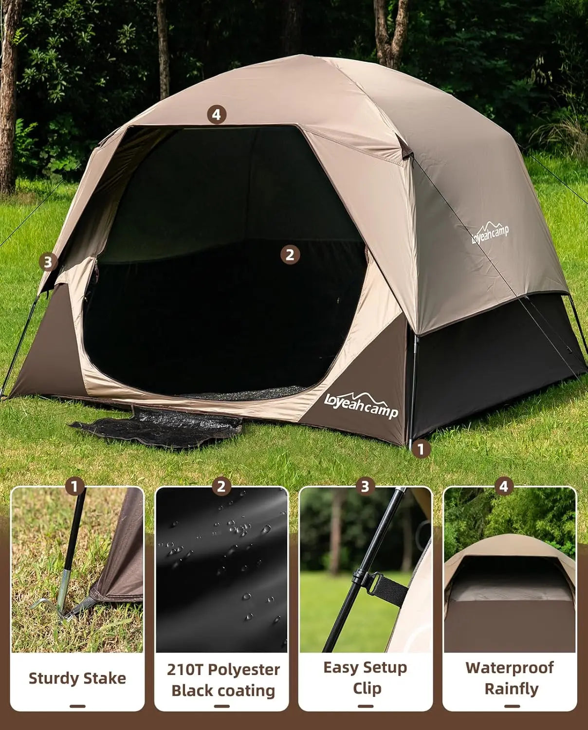 4-6 Person Blackout Camping Tent, Waterproof Family Dome Tent with Rainfly, Easy Setup for Outdoor Hiking