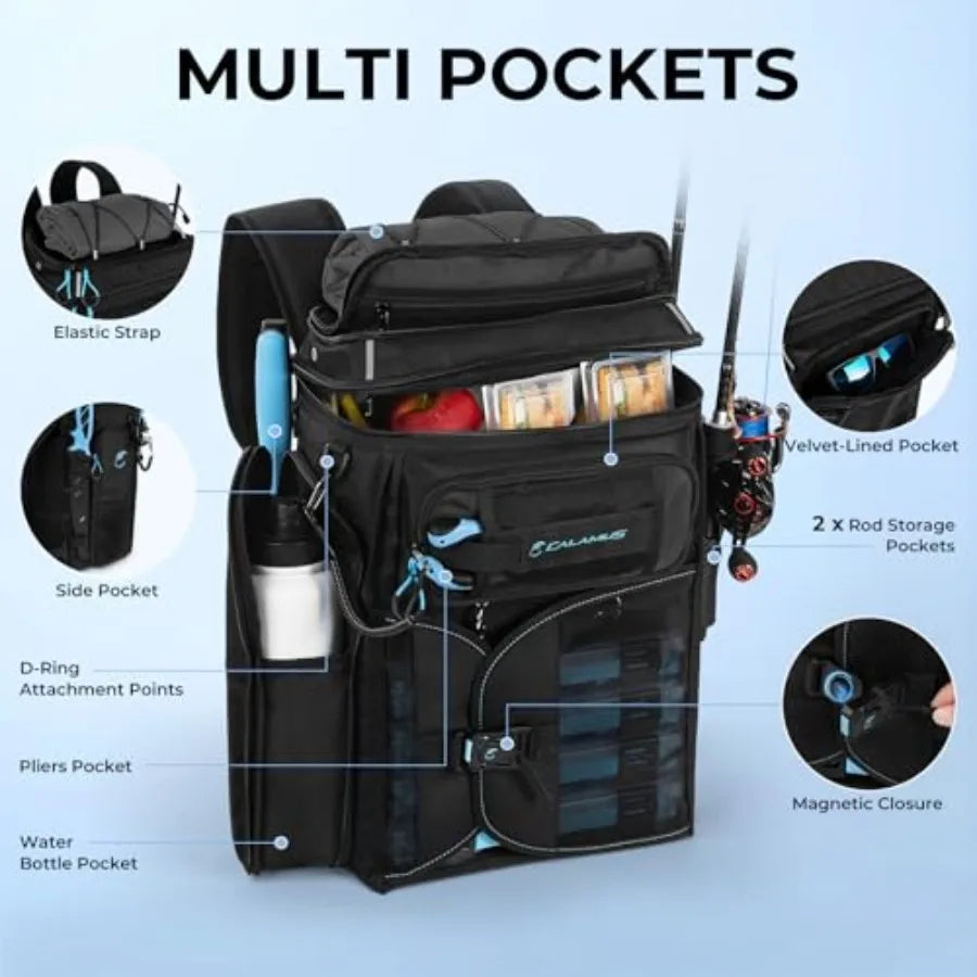 GearMaster Tackle Backpack with Bait Binder Large Lightweight Water-Resistant Fishing Bag Rod Holders Food Storage in Black Dur