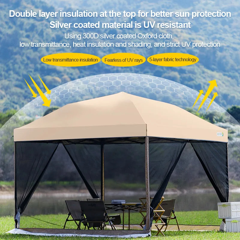 Outdoor pop-up awning beach camping instant canopy pavilion tent with side wall 10x10 feet  khaki sunscreen rainstorm proof