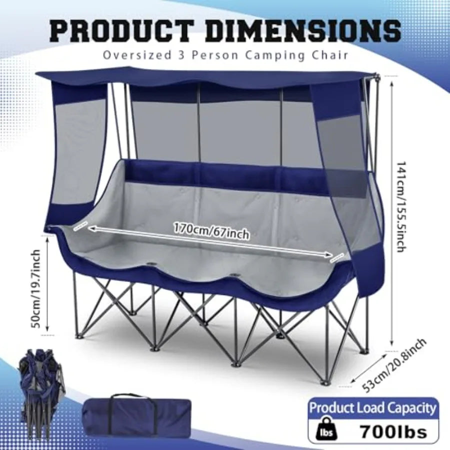 3 Person Camping Chair with Canopy Shade 700lbs Heavy Duty Oversized Beach Camping Chair with Thick Cushion Cup Holder and Carr