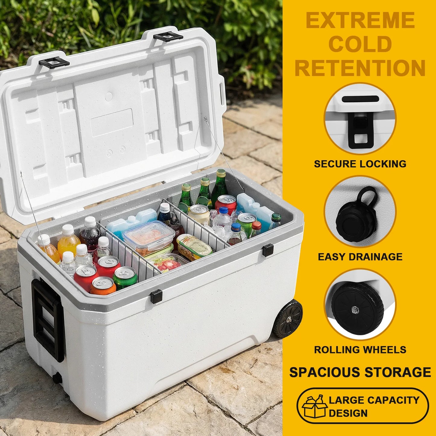 120L Portable Rolling Cooler with Wheels Hard Plastic Rotomolded Cooler Leak-Resistant Large Capacity for Beach/Drink/Beverage