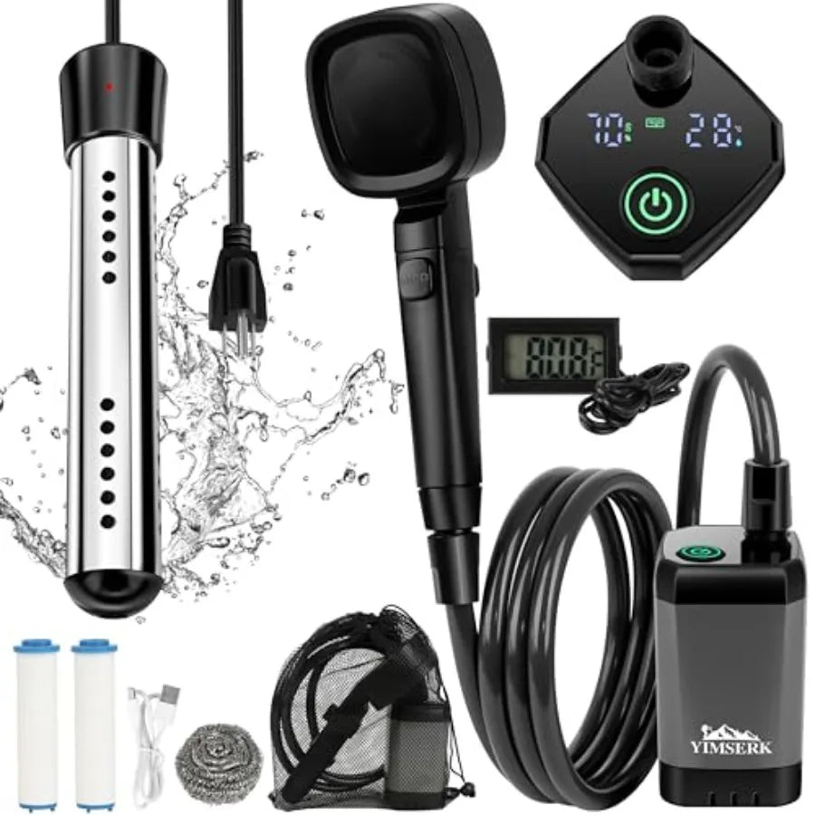6000mAh Portable Shower for Camping with 2000W Immersion Water Heater Rechargeable Camp Shower Pump 4-Mode Filtered Head LED Di