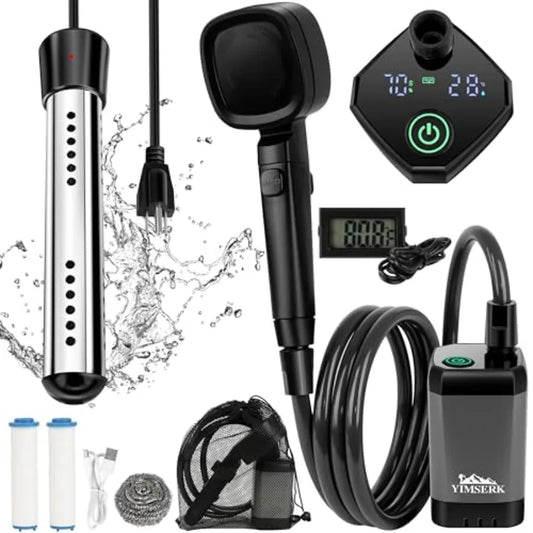 6000mAh Portable Shower for Camping with 2000W Immersion Water Heater Rechargeable Camp Shower Pump 4-Mode Filtered Head LED Di